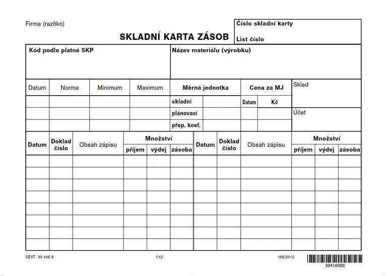 Skladní karta zásob typ A